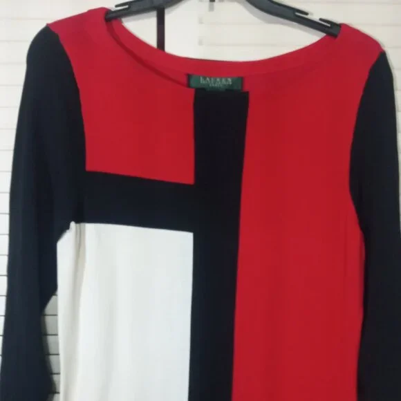 LAUREN RALPH LAUREN Colorblock Dress XS S Red Black Geometric Print - Picture 3 of 8